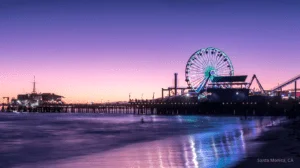 Santa Monica pier at dusk showcasing vibrant brand activation potential for events.